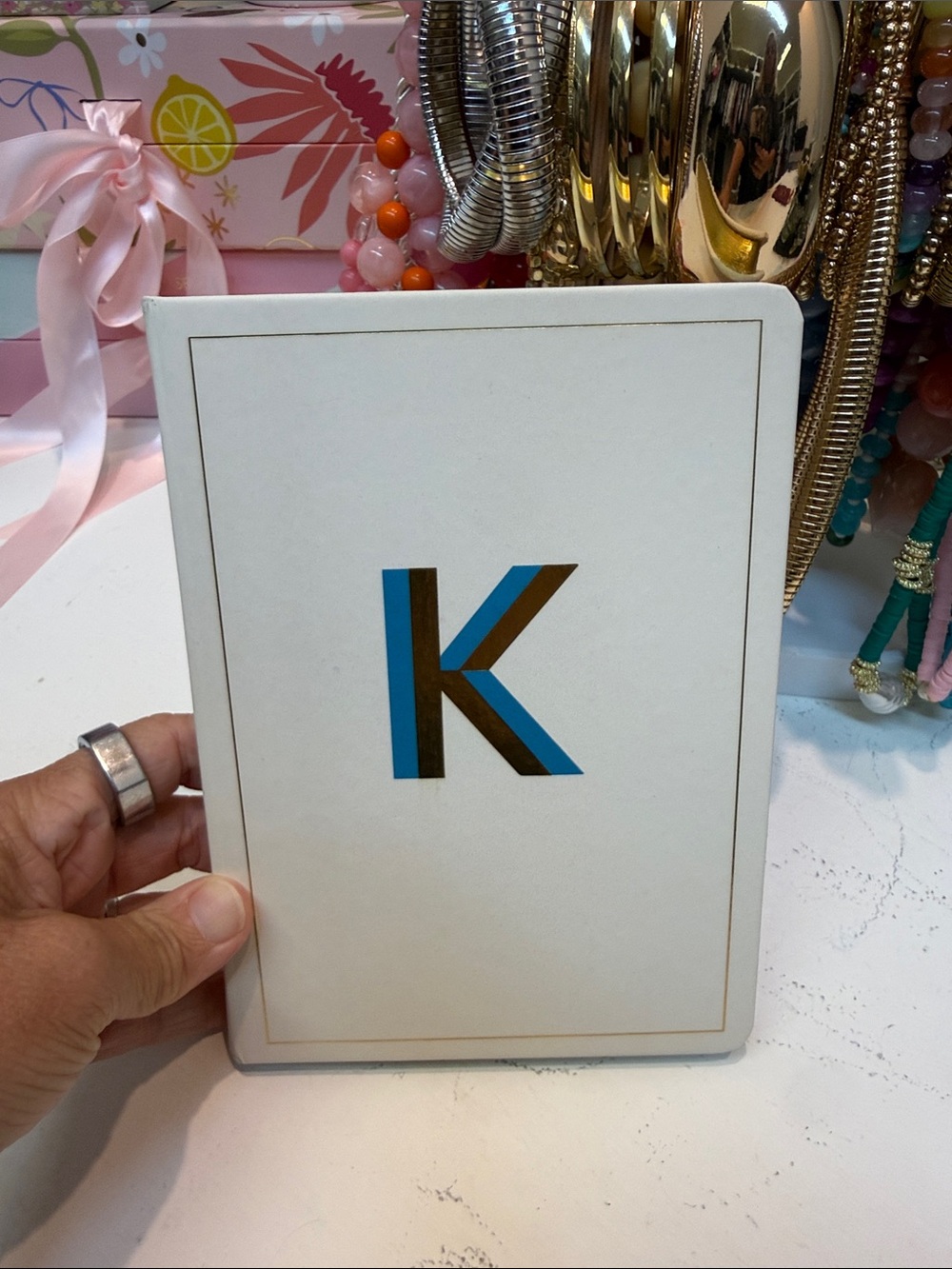 Monogram 'K' Hardcover Notebook in White with Blue and Gold Accent
